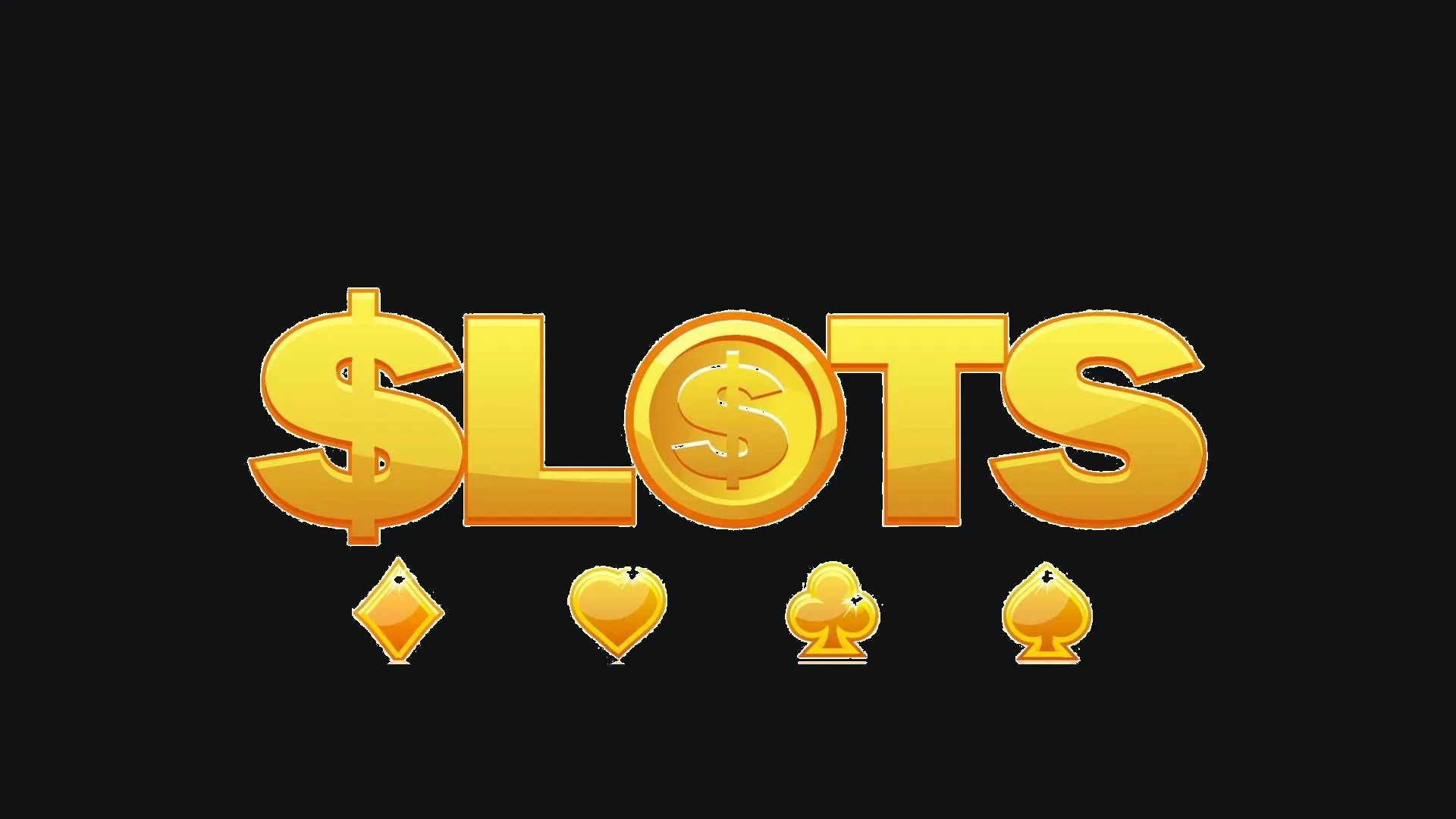 Gold SLOTS lettering with card-suit icons on a black ground